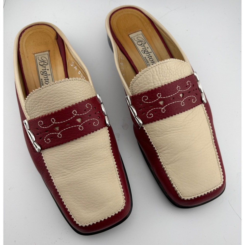 Brighton Lisa Mule Shoes Women's 8.5M Burgundy Cream Leather Loafer Accent